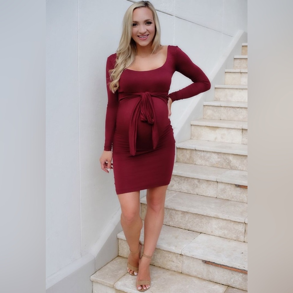 Sexy mama maternity Elegant Burgundy Long Sleeve Dress
